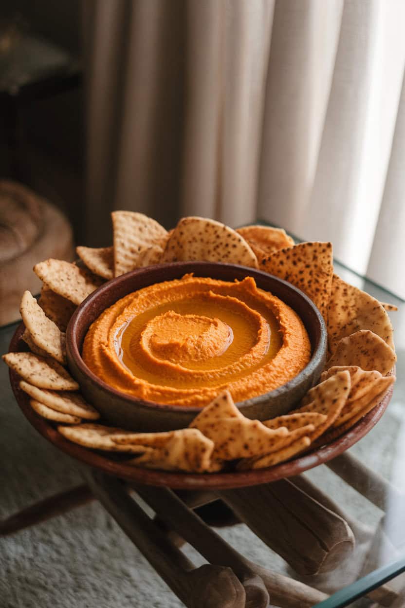 Cozy indoor coffee table featuring a rustic bowl of orange pumpkin hummus drizzled with olive oil, surrounded by toasted pita chips—soft side lighting, no text or logos.