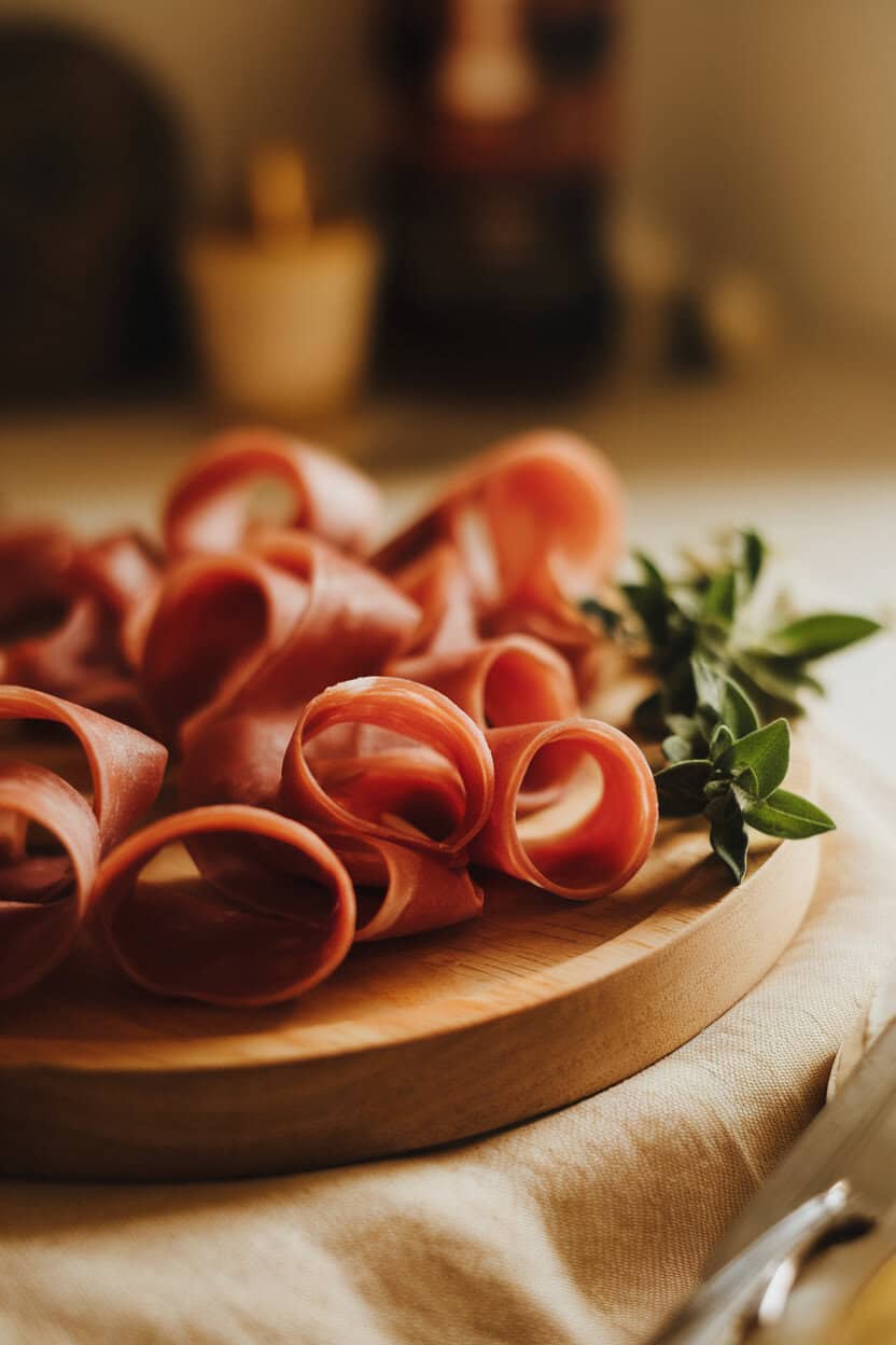 Warmly lit indoor photo of ribbon-like slices of capicola curling on a wooden platter beside a few fresh oregano leaves. No text or logos.