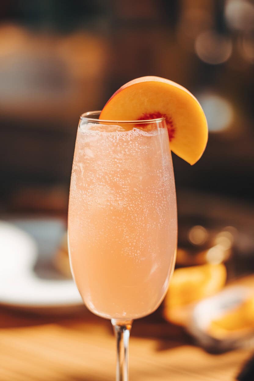 Photo of a tall flute showcasing a pastel peach Bellini, tiny bubbles glistening, with a fresh peach slice perched on the rim. Indoor lighting, no text or logos present.