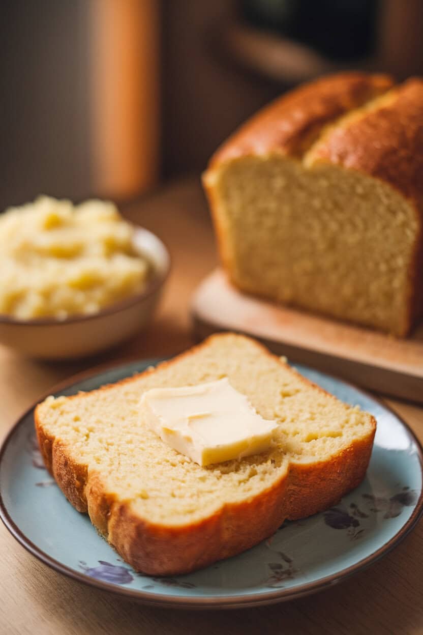 Indoor photo of a loaf of potato bread, one slice buttered, small bowl of mashed potatoes blurred behind. No logos or text.