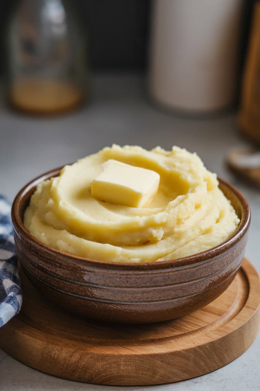 Photo of a ceramic serving bowl indoors brimming with smooth mashed potatoes, a pat of butter melting in the center, no text or logos anywhere.