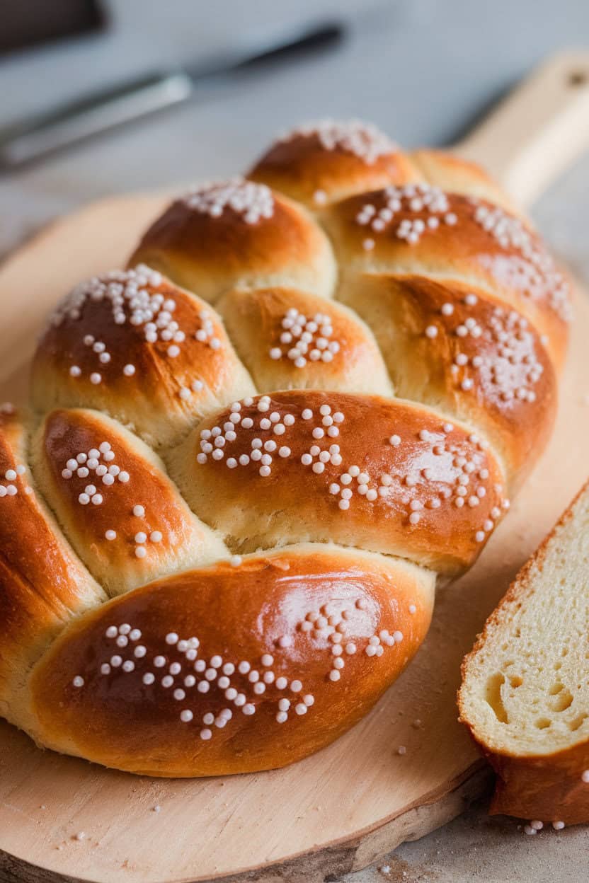 Indoor photo of braided pulla loaf, pearl sugar sprinkled across shiny crust, slice showing delicate interior. No text or logos present.