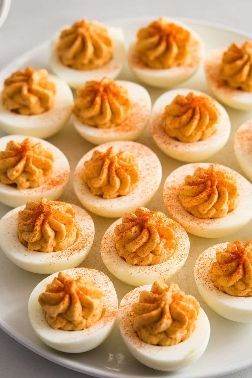 A close-up indoor photo of halved deviled eggs piped with creamy filling and lightly dusted with smoked paprika, arranged neatly on a white platter. No logos or text.