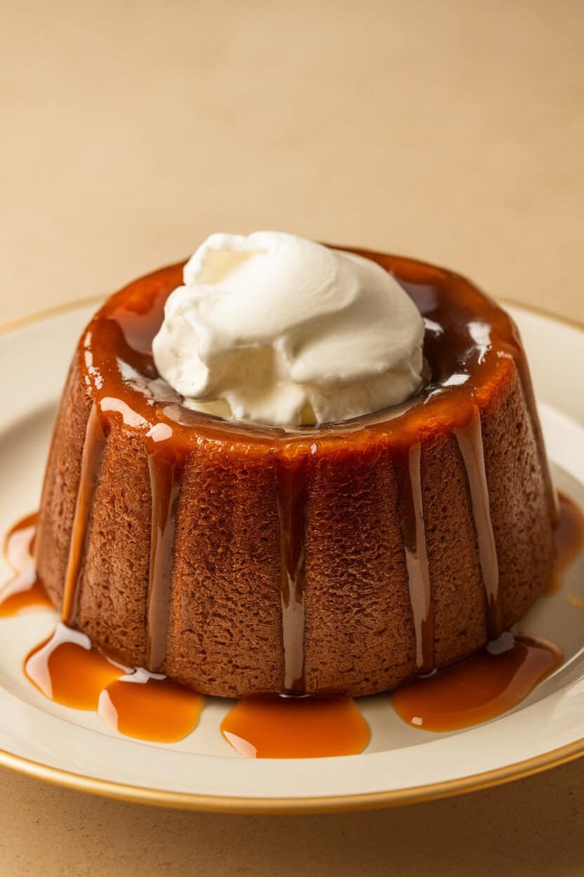 An indoor ramekin of warm sticky toffee pudding drizzled with caramel sauce, dollop of whipped cream on top; photo, no text or logos.