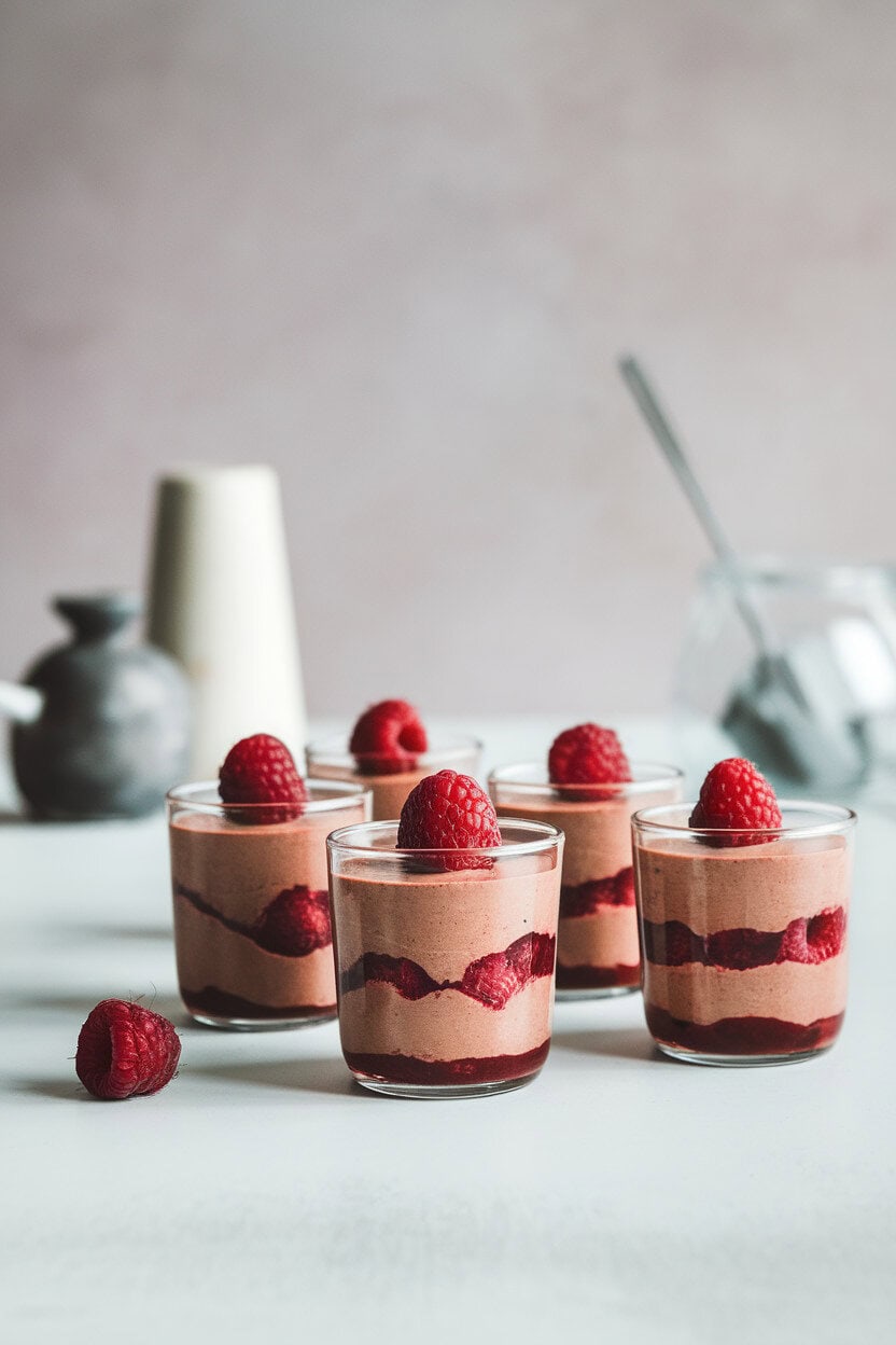 Photo prompt: Indoor dessert cups layered with dark chocolate mousse and raspberry puree, topped with a single fresh berry, no text or logos.