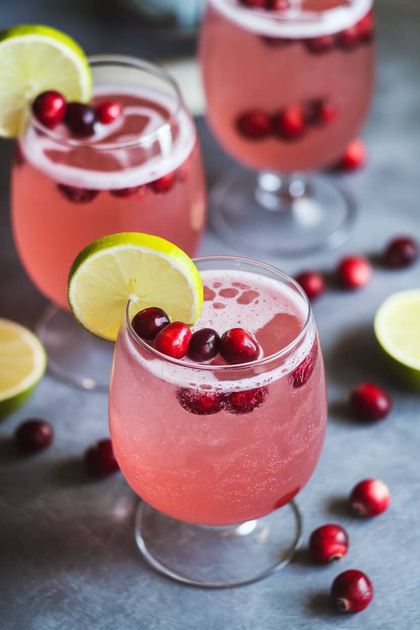 An indoor dining table with stemless glasses of fizzy pink mocktail garnished with fresh cranberries and a lime wheel; no text or logos. Photo.
