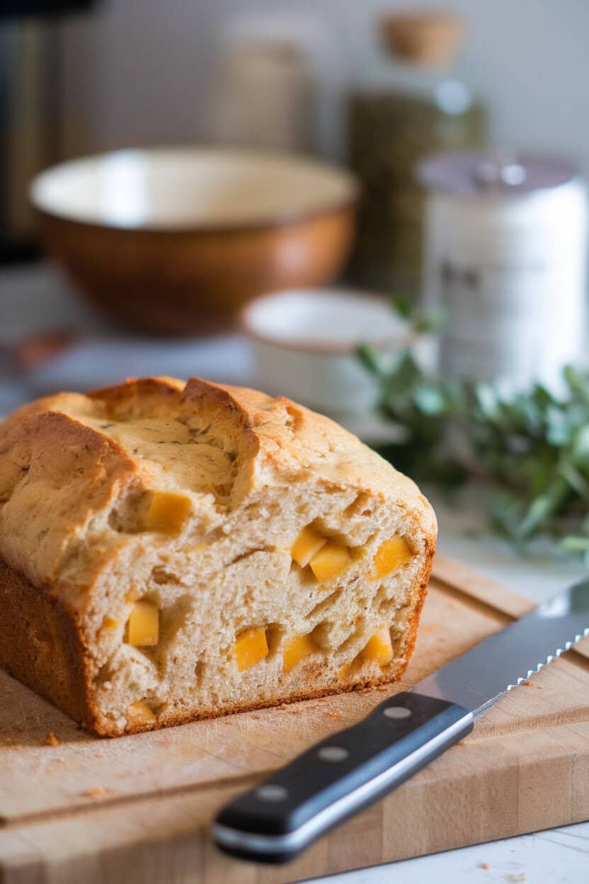 Indoor cutting board holding a loaf of beer bread with cheddar pockets and apple bits visible, a serrated knife beside it. No text or logos included. Photo only.