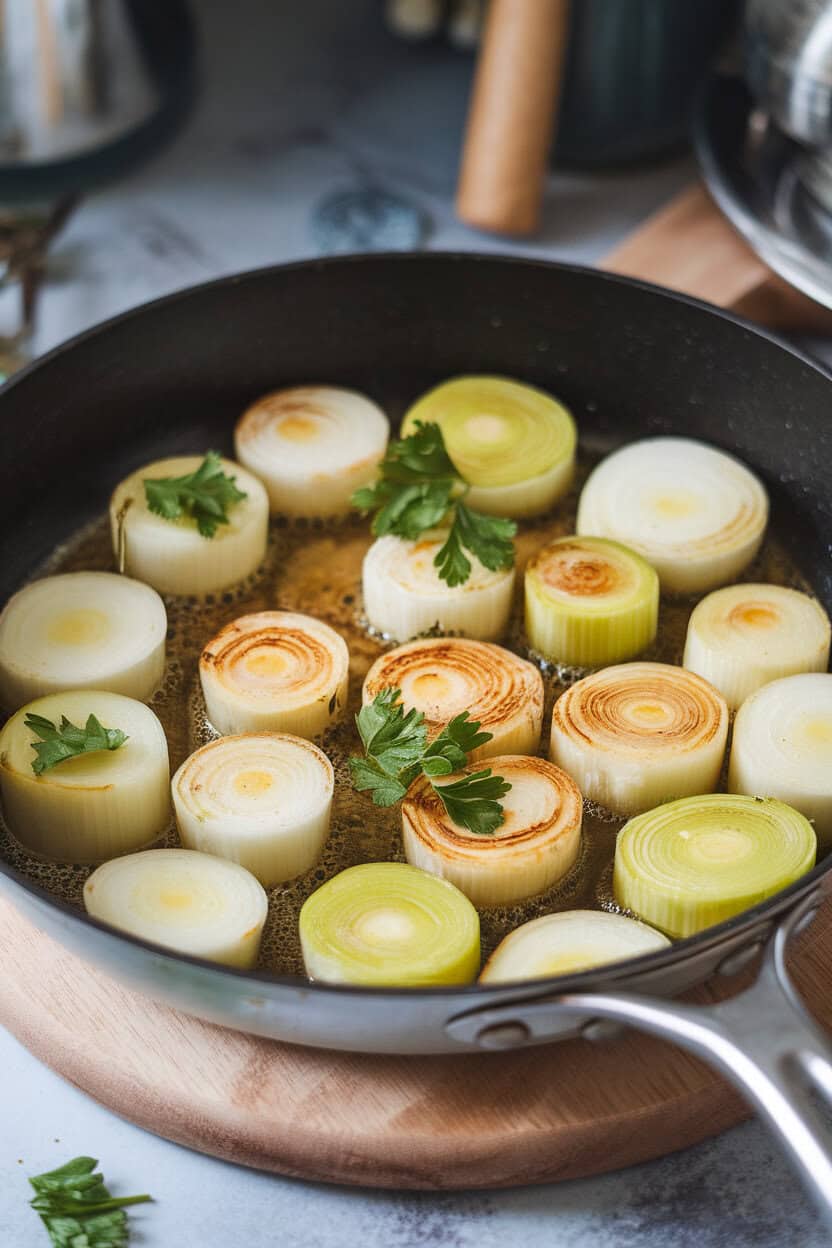 An indoor skillet showing tender halved leeks bathed in melted butter and sprinkled with parsley—no text or logos.