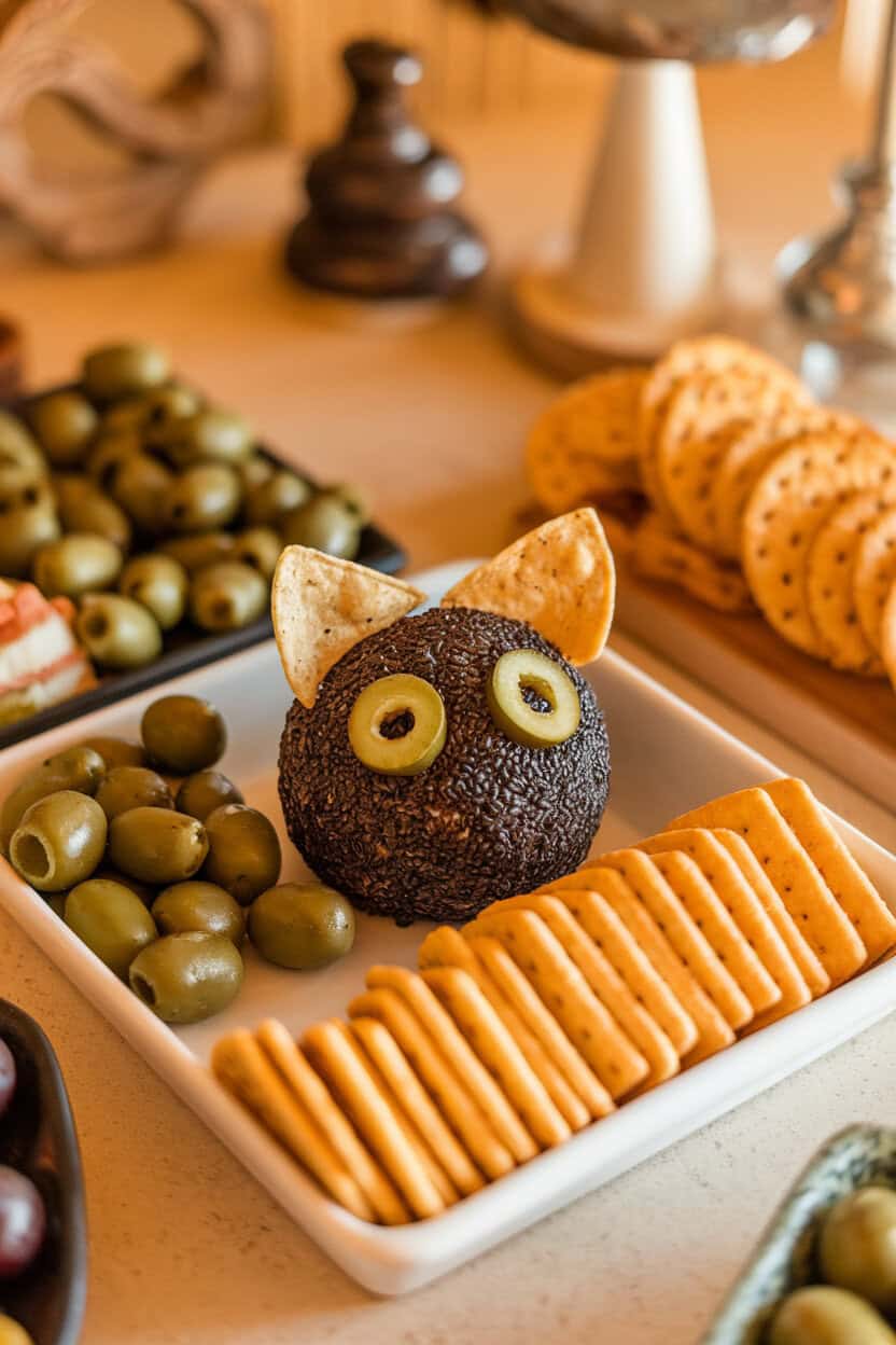 A photo of an indoor appetizer spread with a round black-sesame coated cheese ball shaped like a cat’s head, green olive eyes, and tortilla-chip ears. No text or logos visible.