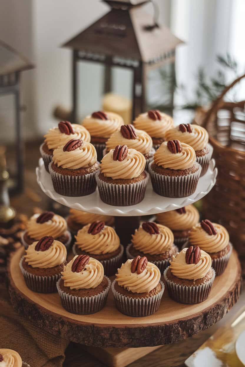 Indoor cupcake stand topped with frosted pecan pie cupcakes, caramelized pecan pieces crowning each swirl of buttercream. No text or logos present. Photo, not illustration.