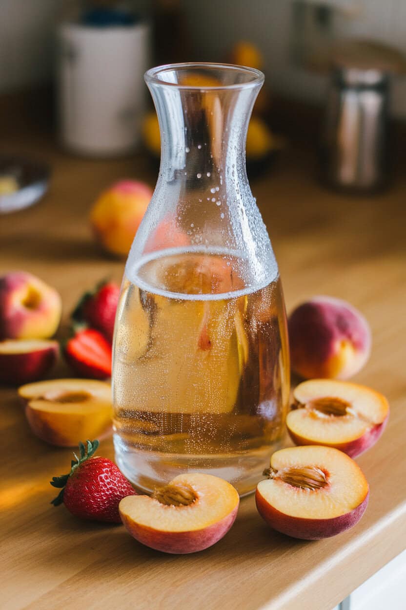 Indoor carafe filled with champagne, sliced peaches, and strawberries, condensation on glass, placed on a wooden countertop, no text or logos.