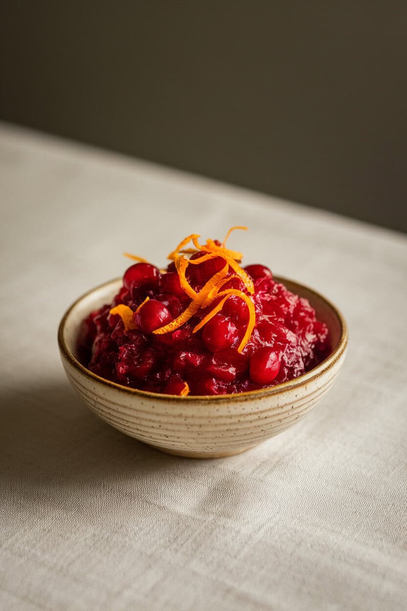 A small indoor bowl of vibrant red cranberry relish with visible orange zest and segments, set on a neutral tablecloth under soft lighting. No text or logos in sight. Photo.</Prompt