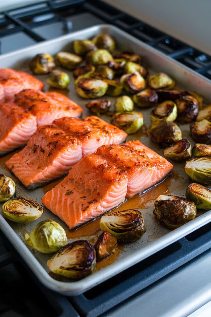 Sheet pan with cooked salmon fillets glazed in maple Dijon sauce, Brussels sprouts roasted alongside, on an indoor stovetop. No text or logos; photo, not illustration.