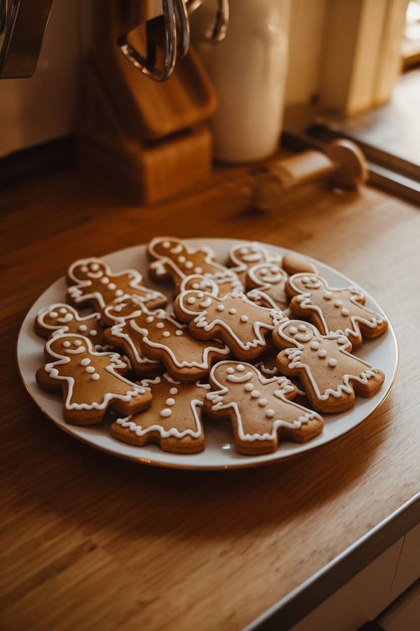A warmly lit indoor kitchen counter featuring a plate of gingerbread men cookies, each iced with simple white royal icing details and a light dusting of powdered sugar. No text or logos anywhere in the scene. Photo, not illustration.