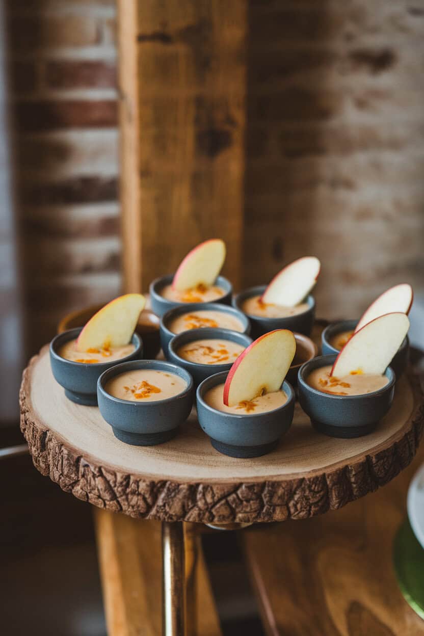 An indoor serving tray with miniature demitasse cups of creamy cheddar apple beer soup, each topped with a thin apple slice. No text or logos present. Photo only.