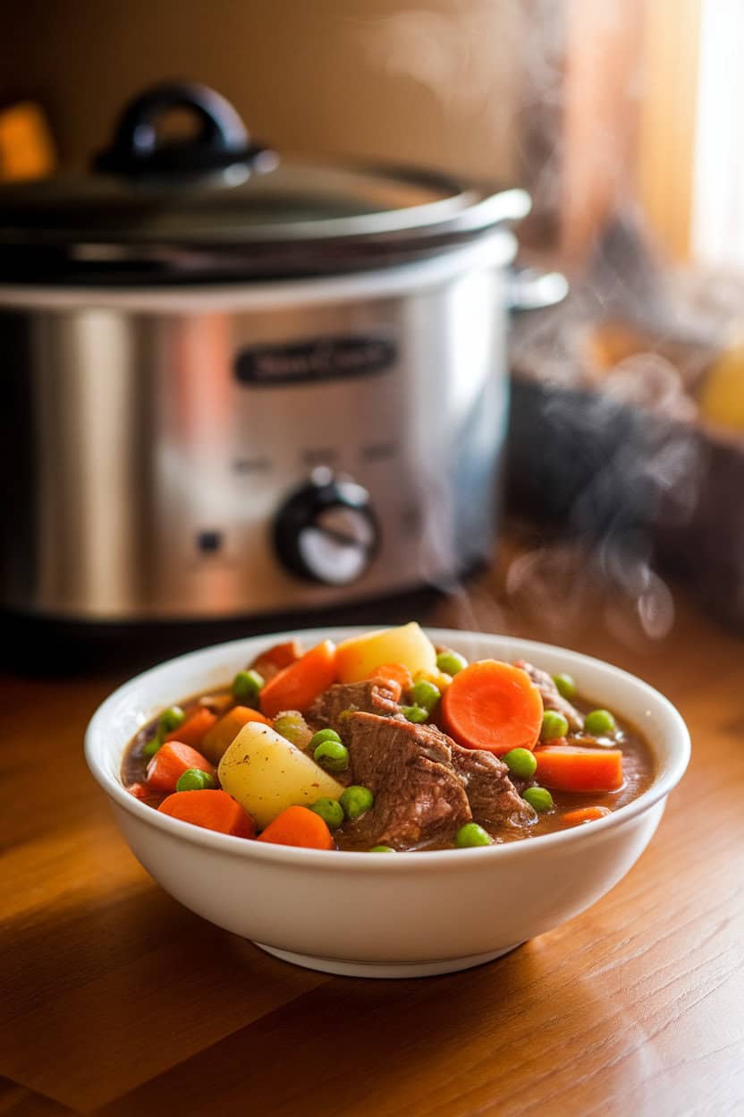 A warmly lit indoor kitchen counter with a white bowl of hearty beef stew loaded with carrots, potatoes, and peas. A slow cooker sits slightly out of focus behind the bowl, steam visible, and no text or logos anywhere.