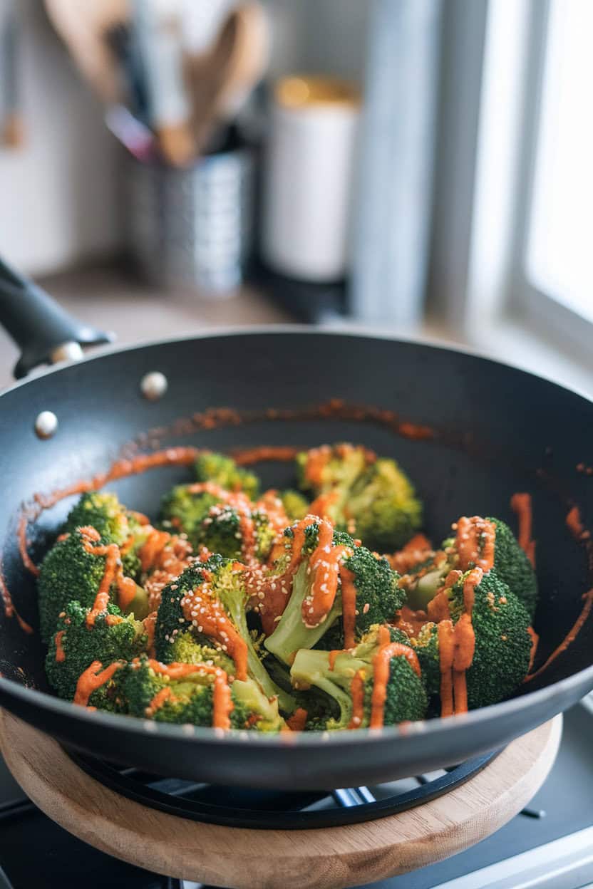An indoor wok containing vibrant broccoli florets coated in orange-sesame sauce, sesame seeds sprinkled—photo, no text or logos