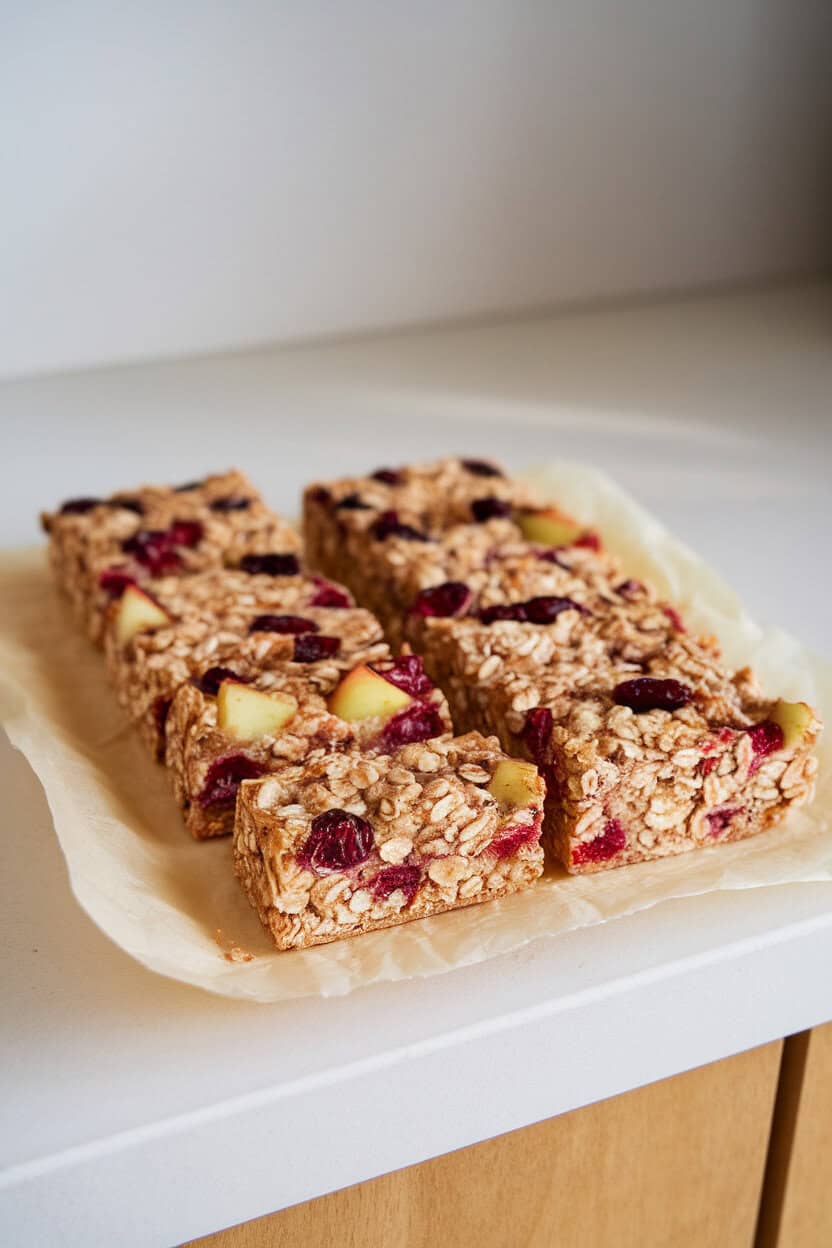 Indoor counter featuring sliced oatmeal breakfast bars packed with cranberries and apple chunks, parchment paper underneath, no text or logos. Photo only.
