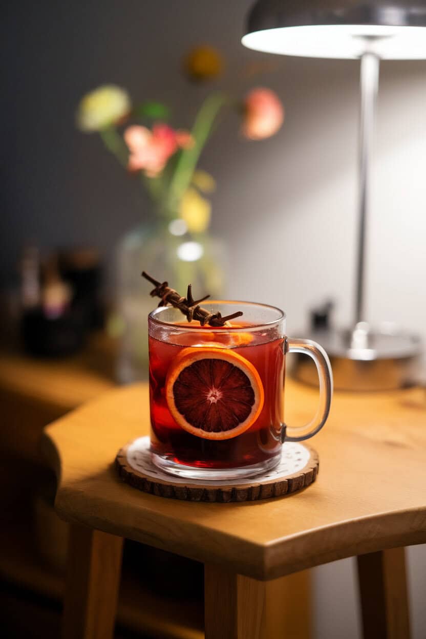 Indoor wooden side table, clear mug of deep orange toddy, blood orange wheel and clove-studded peel floating; gentle lamp light; no logos