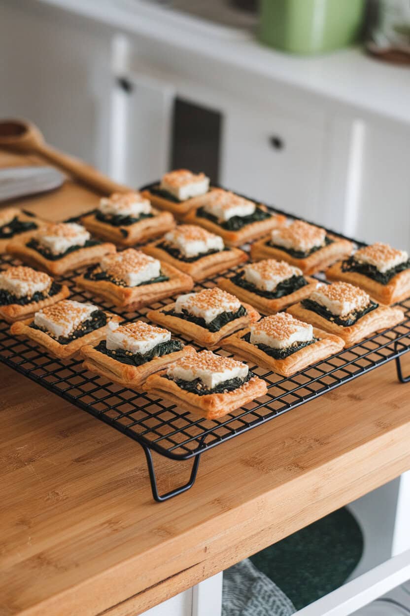 Indoor kitchen island with golden puff pastry squares topped with spinach-feta filling and sprinkled sesame seeds, cooling on a wire rack. No text or logos. Photo, not illustration.