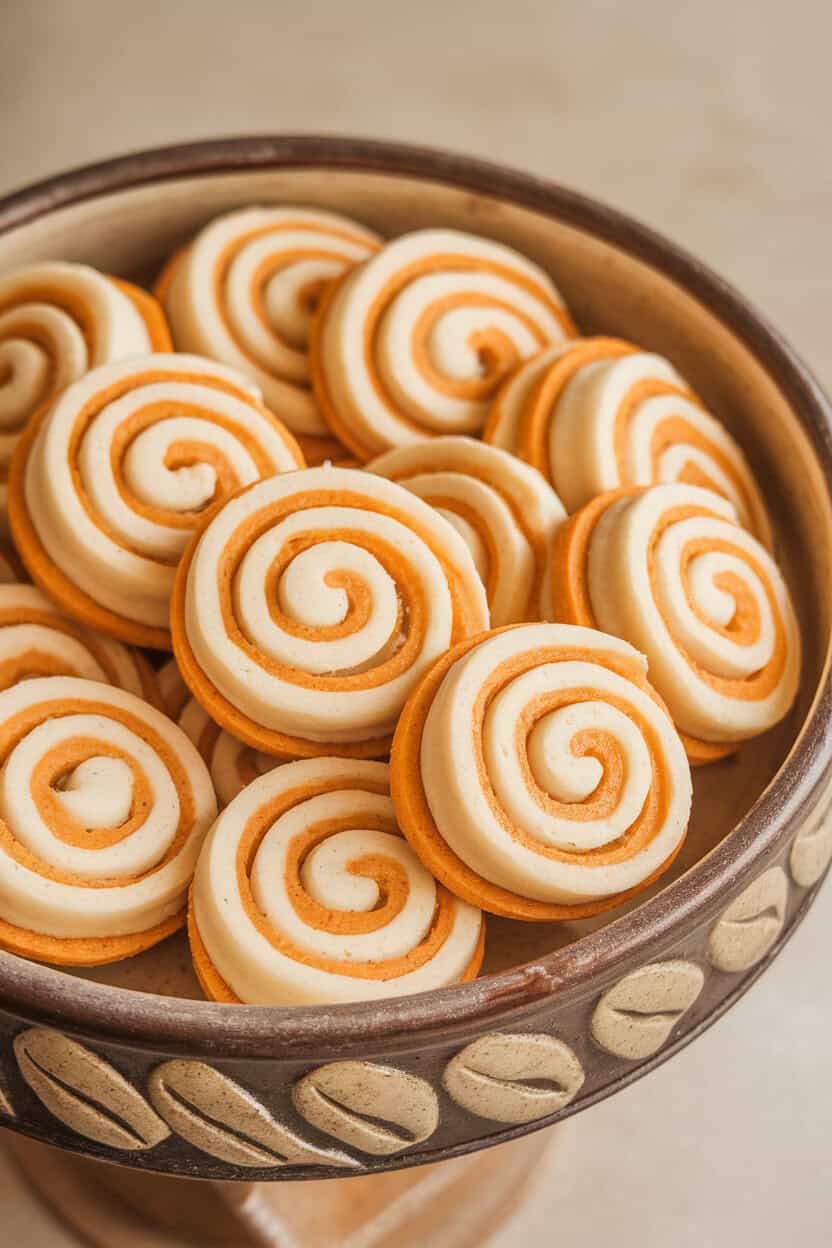 Indoor photo of orange and vanilla pinwheel cookies showing spiral pattern, sitting on a decorative ceramic tray; no branding.