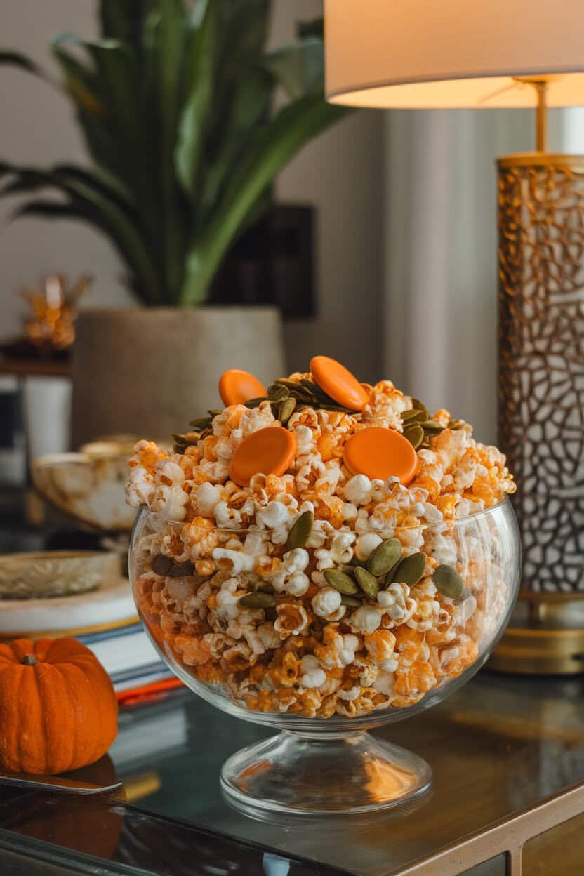 An indoor coffee-table scene with a large glass bowl filled with caramel-coated popcorn, orange candy melts, and roasted pumpkin seeds. Warm lamp light highlights glossy kernels; no text or logos present.