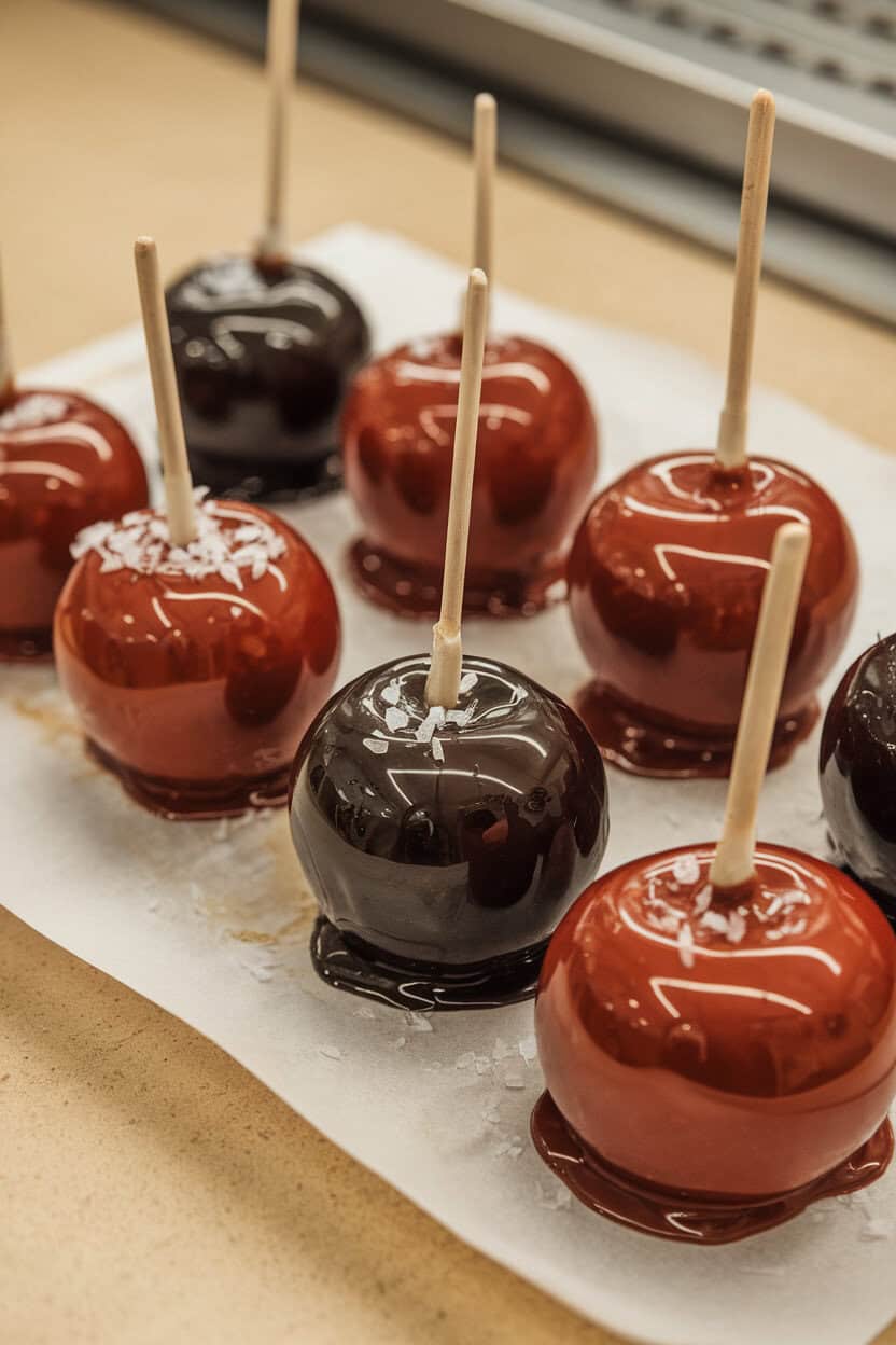 An indoor confectionery counter with glossy red-black caramel apples on parchment, wooden sticks inserted, a few grains of sea salt sprinkled. No logos or text; photo.