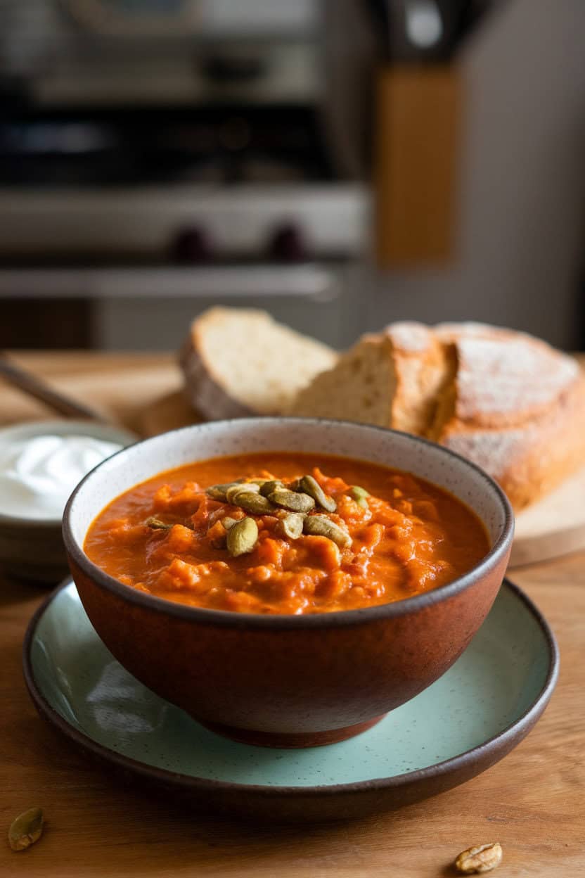 Indoor photo of an autumn-colored bowl of pumpkin turkey chili, topped with pepitas; no text or logos