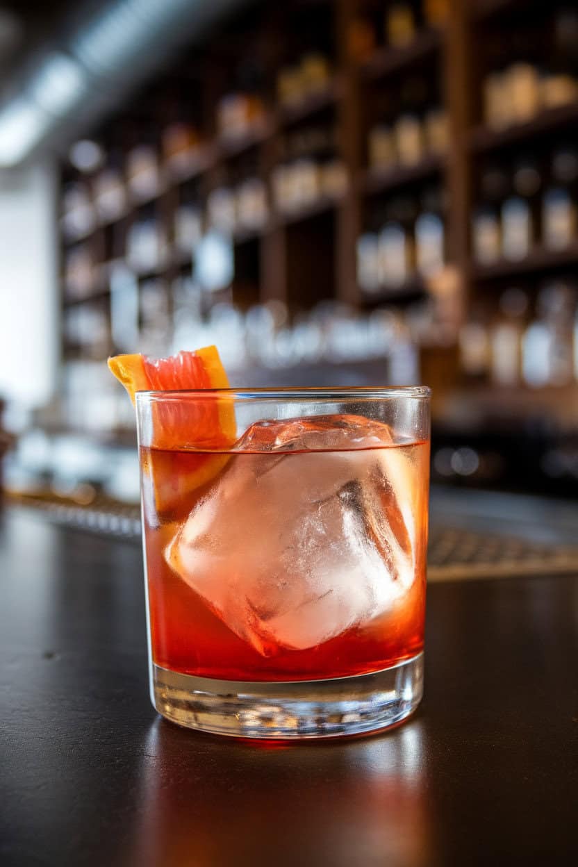 Rocks glass with a large clear ice cube and a pale golden Negroni, garnished with a grapefruit twist. Indoor bar setting, no logos or text.