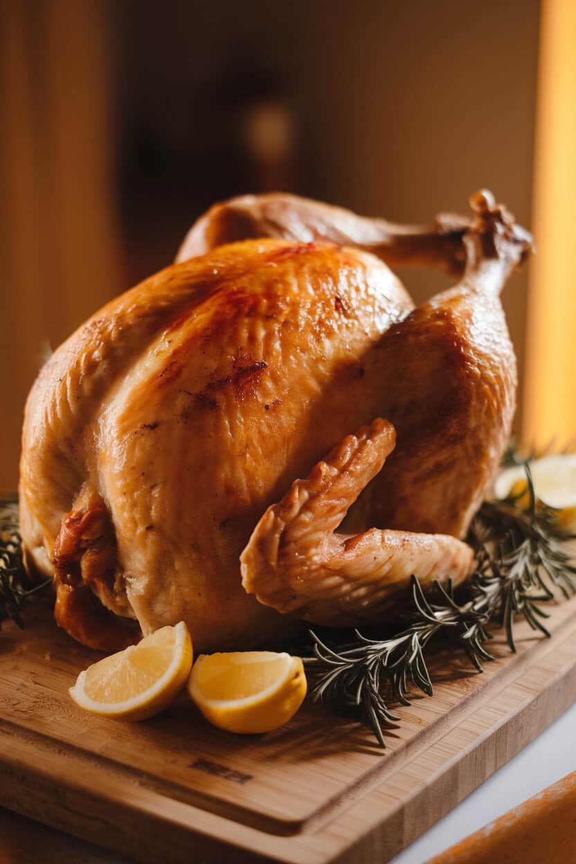 Photo of a golden roasted whole turkey resting on a wooden carving board, rosemary and lemon wedges tucked around it, shot indoors under warm ambient light. No text or logos anywhere in the frame.