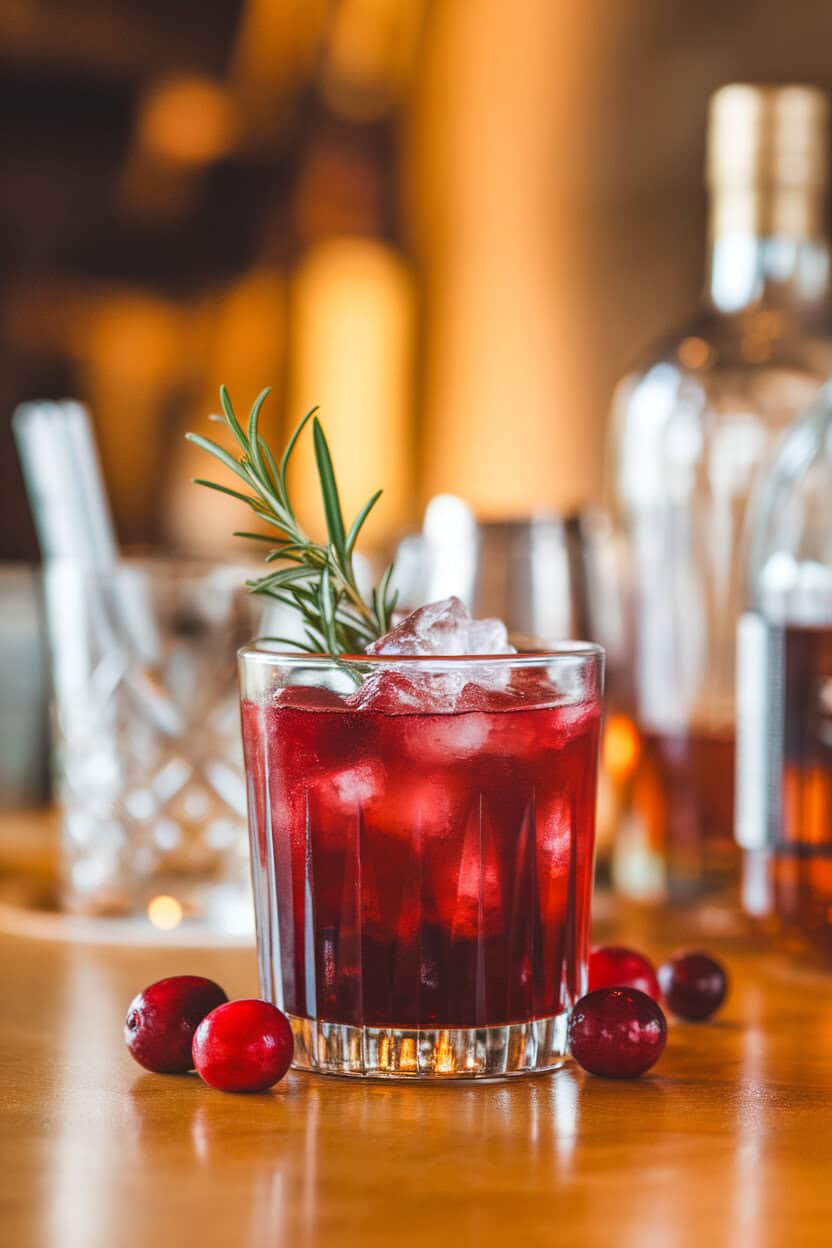 A warmly lit indoor bar top featuring a short rocks glass filled with deep-red cranberry bourbon smash, crushed ice, fresh cranberries, and a rosemary sprig garnish; no text or logos; photo