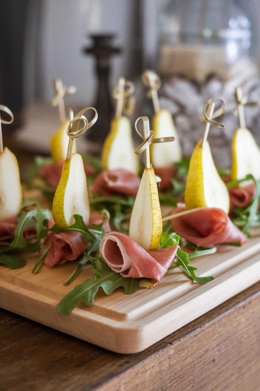 A softly lit indoor board showing short cocktail skewers threaded with pear wedges, folded prosciutto, and arugula leaves. No text or logos contained. Photo only.