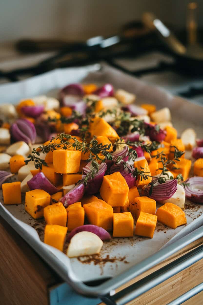 An indoor sheet pan piled with roasted cubed squash, red onion wedges, and parsnip chunks, herbs scattered on top. No text or logos. Photo, not illustration.