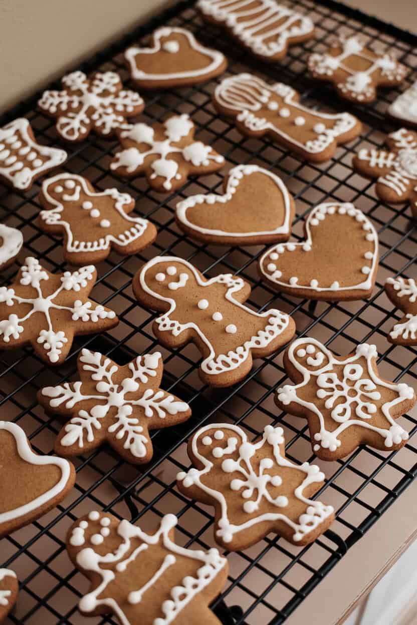 An indoor cooling rack of decorated gingerbread cookies in various shapes, icing details visible, no logos or text; photo.