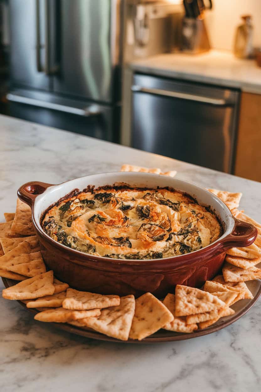A ceramic baking dish on a kitchen island holding bubbling, golden spinach–artichoke dip, surrounded by pita chips. Indoor lighting, no text or logos.