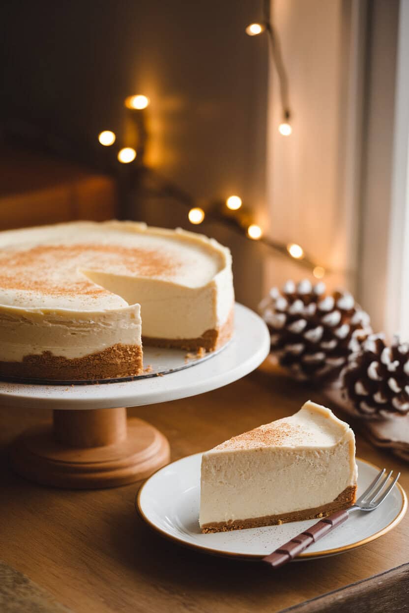A cozy indoor setting with a whole eggnog cheesecake on a cake stand, one slice plated beside it, nutmeg sprinkled lightly on top; warm ambient lighting, no text or logos. Photo, not illustration.