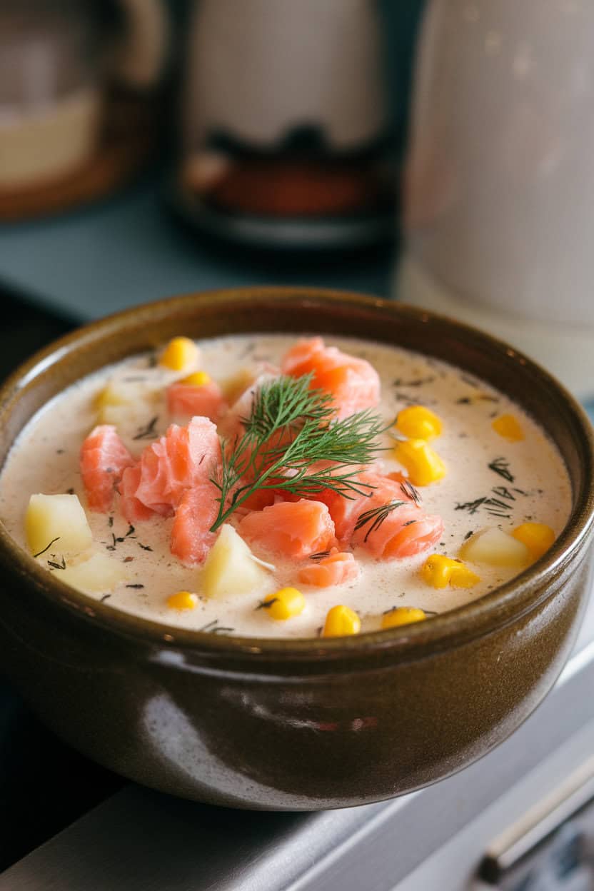 A ceramic bowl of creamy cooked salmon chowder on an indoor counter—pink flakes of salmon, diced potatoes, and corn kernels visible, garnished with fresh dill. No raw fish, no text or logos. Photo, not illustration.