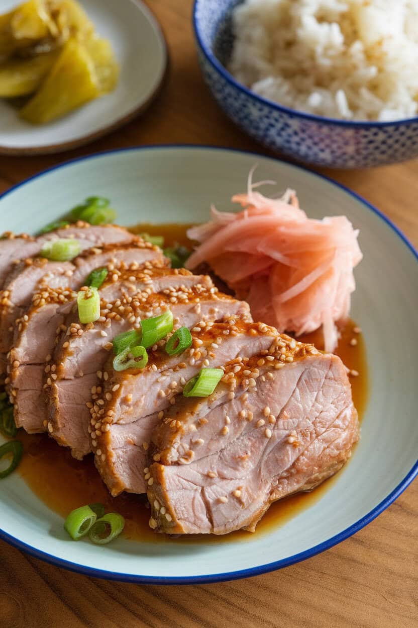 Indoor Japanese-inspired plate with miso-glazed pork loin slices, sprinkling of sesame seeds and scallions; no logos.
