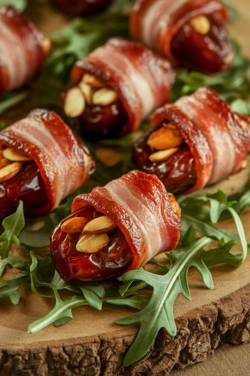 An indoor appetizer tray photo featuring glistening bacon-wrapped dates, a few sliced open to reveal toasted almonds inside. Warm lighting, no text or logos.