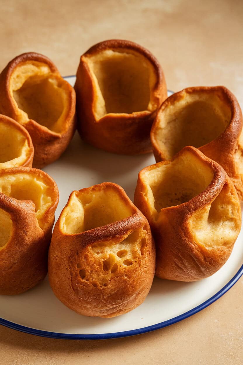 An indoor tray of tall, golden Yorkshire puddings with hollow centers ready for gravy—no text or logos.