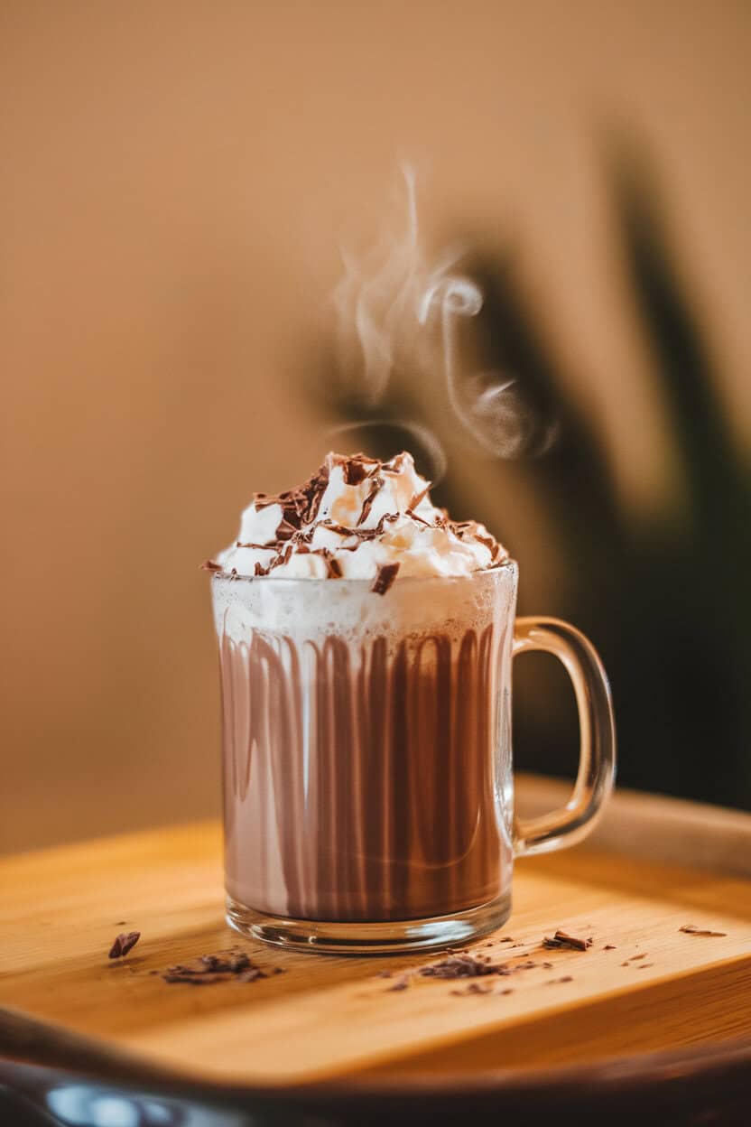 A mug of steaming hot chocolate topped with whipped cream and chocolate shavings, photographed indoors, no text or logos.