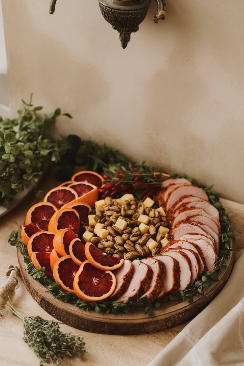 Indoor tabletop photo with blood orange wedges, chili-rubbed turkey slices, pepper jack cubes, and cumin-dusted pistachios on a platter. No text or logos.