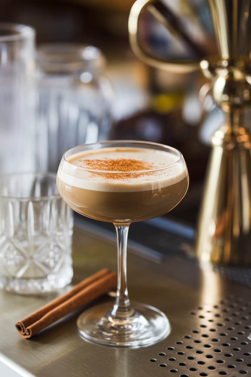 Stemmed coupe filled with creamy brown flip, dusted lightly with nutmeg, cinnamon stick placed alongside on an indoor bar. No text or logos.