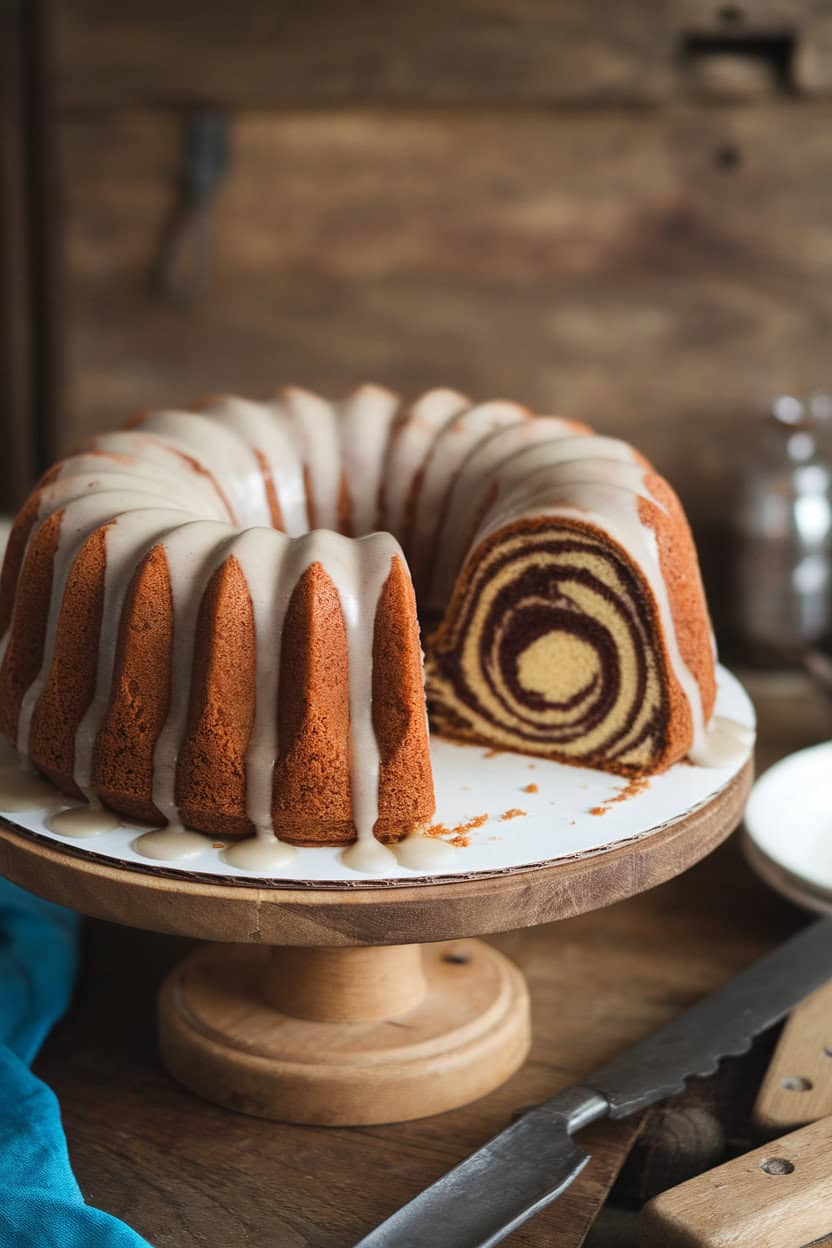 Indoor photo of a Bundt cake showing vanilla and chocolate swirls, light glaze, small slice removed, no text or logos