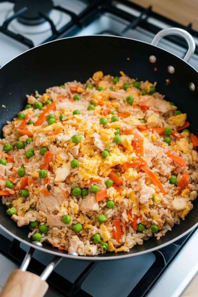 A wok on an indoor stovetop filled with colorful chicken fried rice—peas, carrots, and scrambled egg mixed throughout; no text or logos; photo