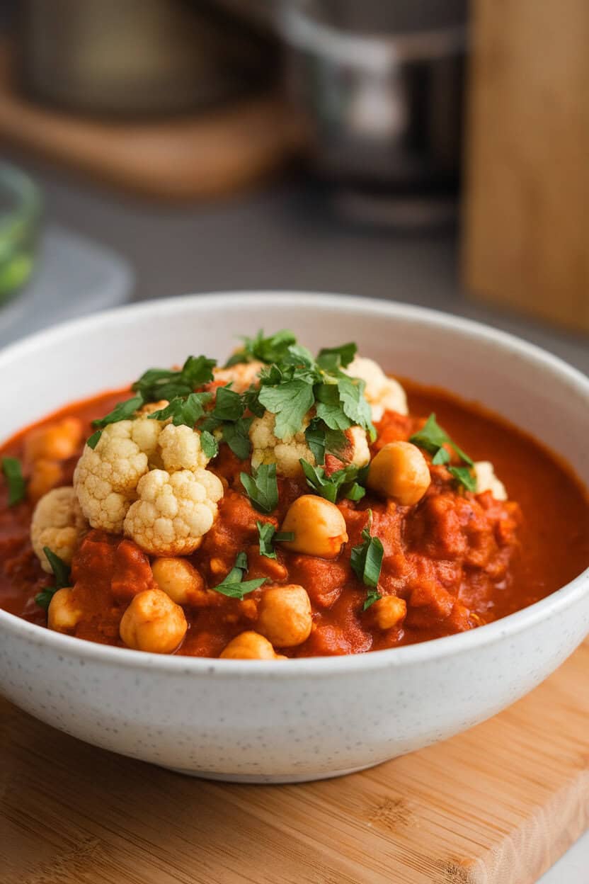 Indoor photo of a chunky vegetarian chili featuring cauliflower florets and chickpeas in a red sauce, topped with chopped parsley; no text or logos