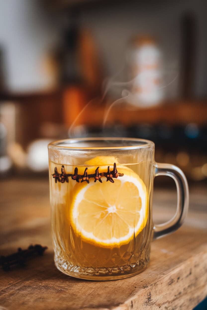Indoor clear glass mug with steaming golden drink, lemon wheel studded with cloves floating, no branding.