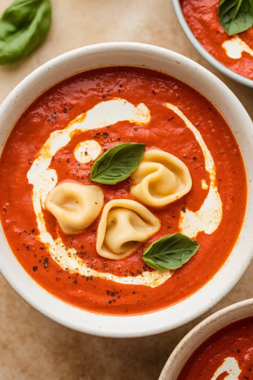 Indoor photo of tomato-based soup with cheese tortellini floating and basil garnish, light cream swirl visible. No text or logos