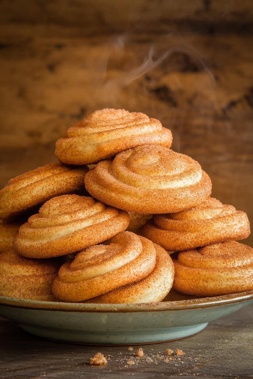 A ceramic plate piled high with golden snickerdoodles coated in cinnamon sugar, steam barely visible in soft indoor lighting. No text or logos present. Photo, not illustration.
