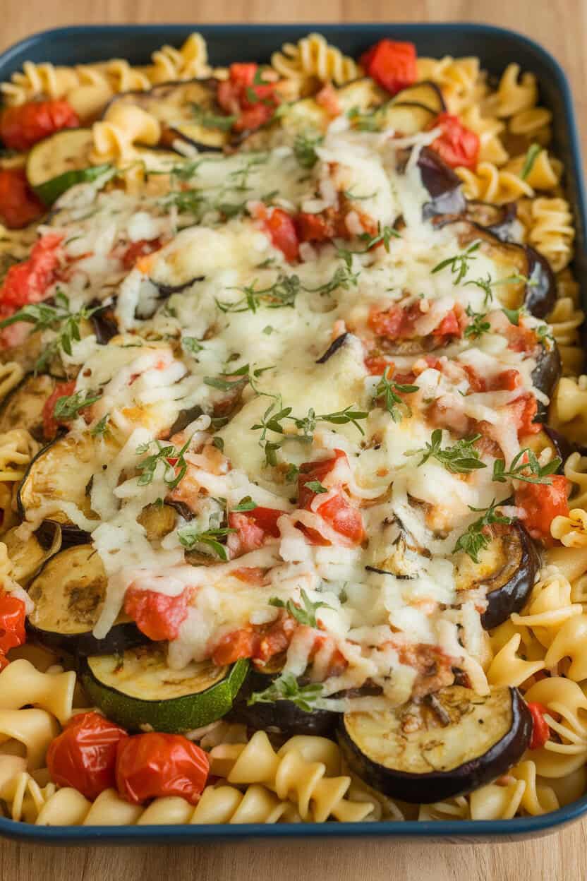 Warm indoor photo of a casserole showcasing pasta mixed with roasted zucchini, eggplant, tomatoes, and herbs, cheese lightly melted. Photo only, no text or logos.
